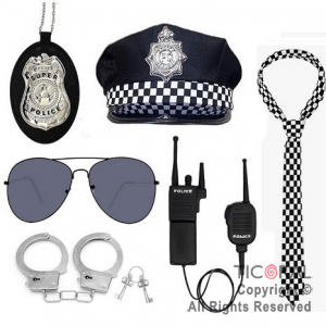 SET DISFRAZ POLICIA PREMIUM SOMBRERO ANTEOJO CORBATA PLACA ESPOSAS Y MACHETE x 1
